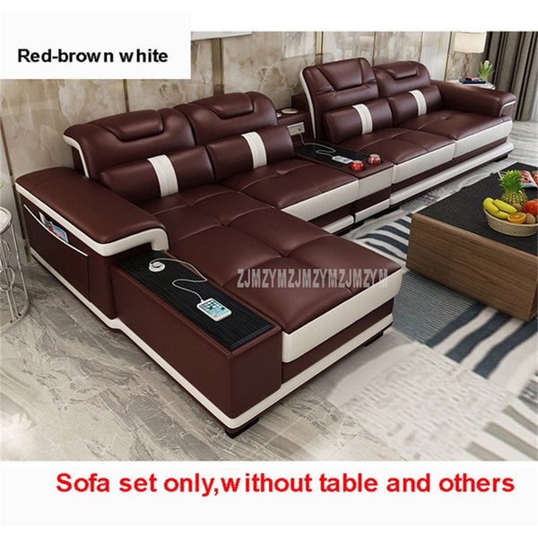1 Set 4 Seat First Layer Real Leather Living Room Sofa Set Corner Sofa Set With Bluetooth Speaker Function Modern Home Furniture