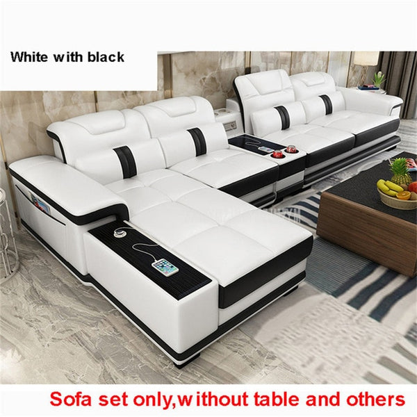 1 Set 4 Seat First Layer Real Leather Living Room Sofa Set Corner Sofa Set With Bluetooth Speaker Function Modern Home Furniture