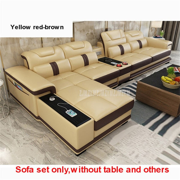 1 Set 4 Seat First Layer Real Leather Living Room Sofa Set Corner Sofa Set With Bluetooth Speaker Function Modern Home Furniture