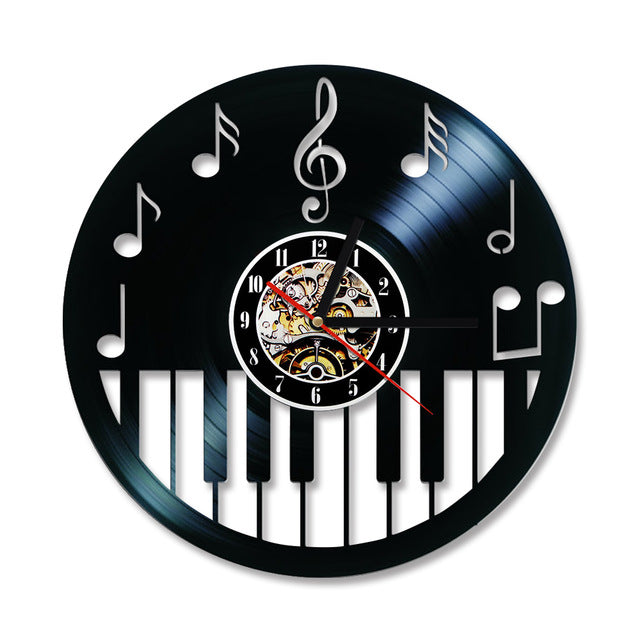 Hollow Piano Keybord Vinyl Record Clock Creative and Antique Style Black Round LED Wall Clock Music Piano Decor Art Clock