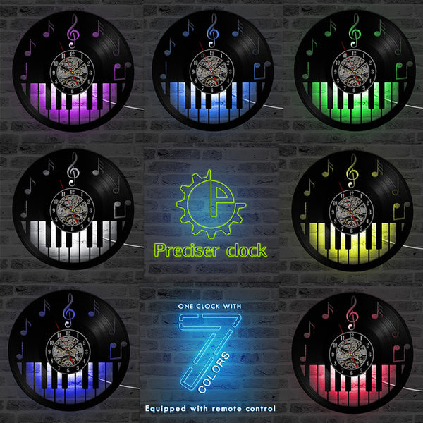 Hollow Piano Keybord Vinyl Record Clock Creative and Antique Style Black Round LED Wall Clock Music Piano Decor Art Clock