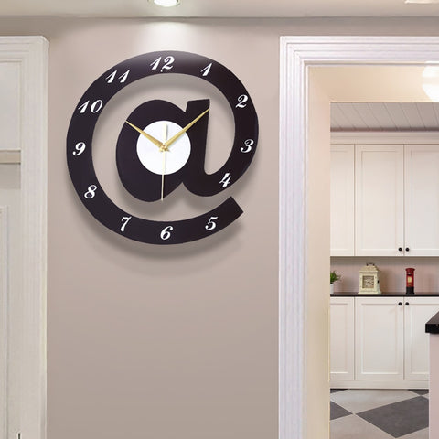 Unique Design Black "@" Shape Wooden Wall Clock Non-ticking Silent Movement Clocks Home Room Decorative Clock for Bedroom Office