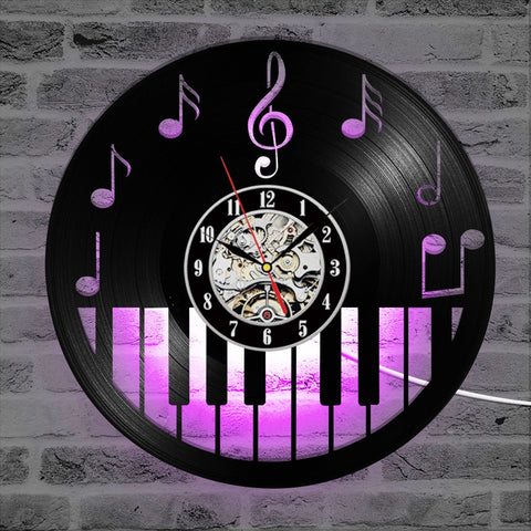 Hollow Piano Keybord Vinyl Record Clock Creative and Antique Style Black Round LED Wall Clock Music Piano Decor Art Clock
