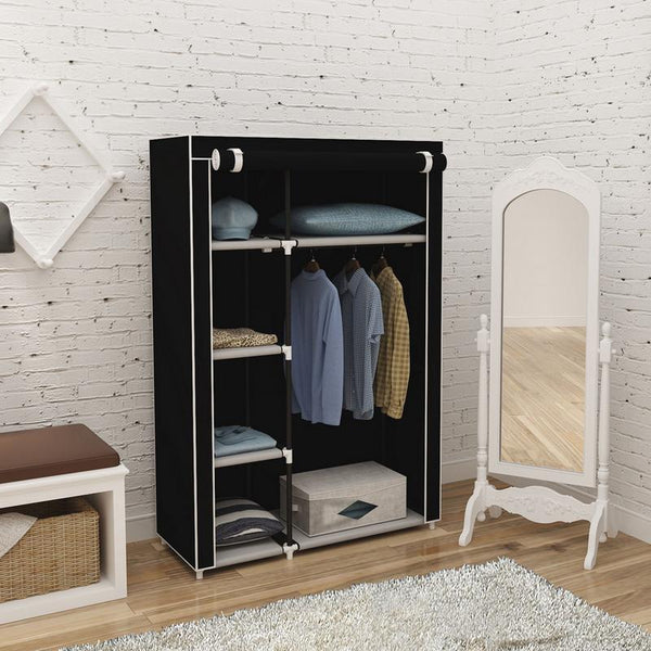 64" Portable Closet Storage Organizer Wardrobe Clothes Rack With Shelves Black DIY Non-woven Fold Portable Storage Furniture