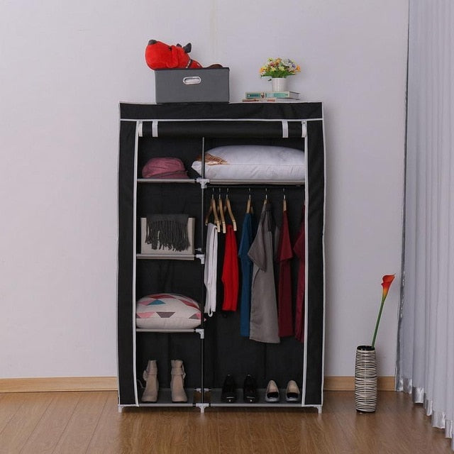64" Portable Closet Storage Organizer Wardrobe Clothes Rack With Shelves Black DIY Non-woven Fold Portable Storage Furniture