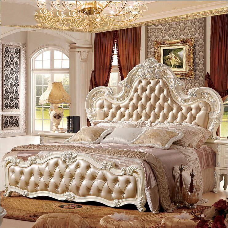 modern european solid wood bed Fashion Carved  leather  french bedroom furniture pfy10153