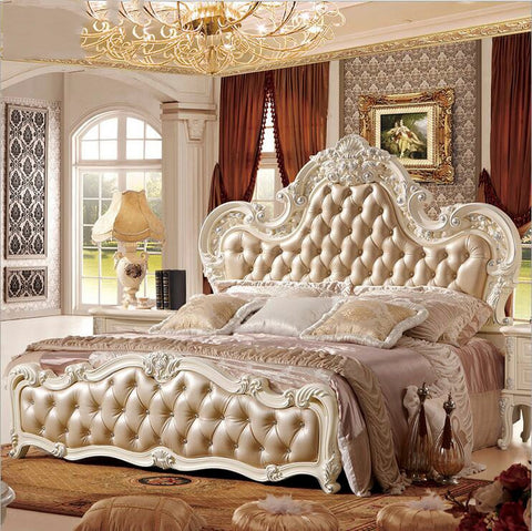 modern european solid wood bed Fashion Carved  leather  french bedroom furniture pfy10153