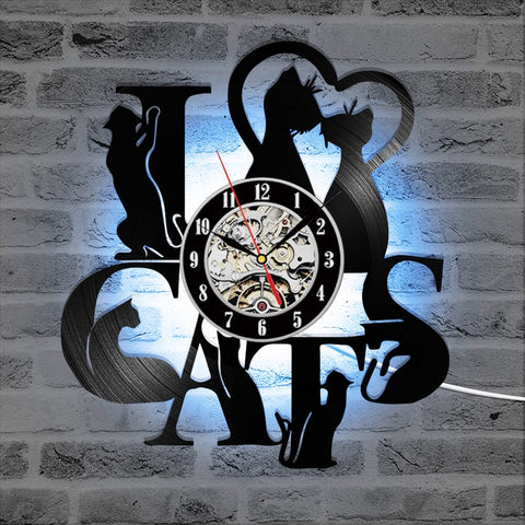 Vinyl Record LED Wall Clock with 7 Lighting I Love Cats 3D Decorative Vintage CD Record Clocks Hanging Wall Watch Home Decor