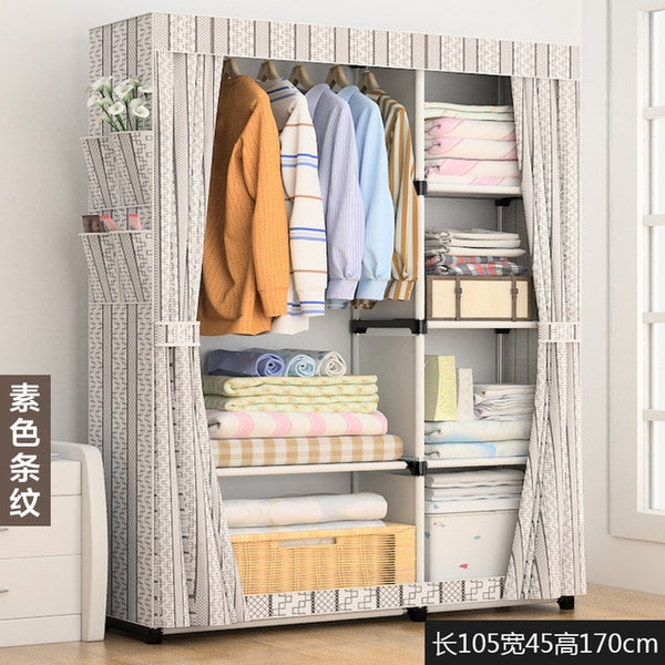 Multi-purpose Wardrobe Closet Portable Folding Assembly Steel Tube Reinforcement Steel Frame Clothing Storage Cabinet Furniture