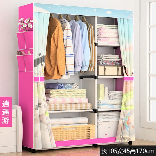 Multi-purpose Wardrobe Closet Portable Folding Assembly Steel Tube Reinforcement Steel Frame Clothing Storage Cabinet Furniture